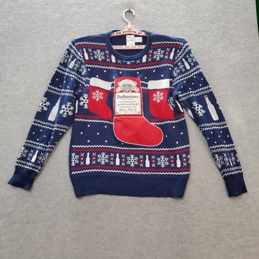Budweiser Men Sweater‎ Large Blue Fair Isle Beer Can Christmas Stocking Pullover
